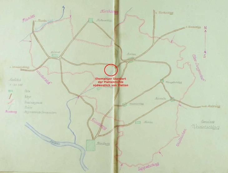 Alte Gemeindeskizze im Gedenkbuch der Gemeinde Wadetschlag 1918 - 1938